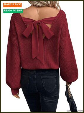 Womens Bow Tie Backless Knit Sweater Oversized Lantern Sleeve Pullover